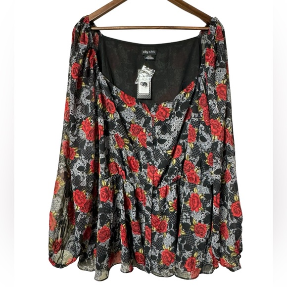 City Chic Floral Affair Red Roses Blouse Black Red Button Up Top Size XL/22 NWT - Picture 1 of 11